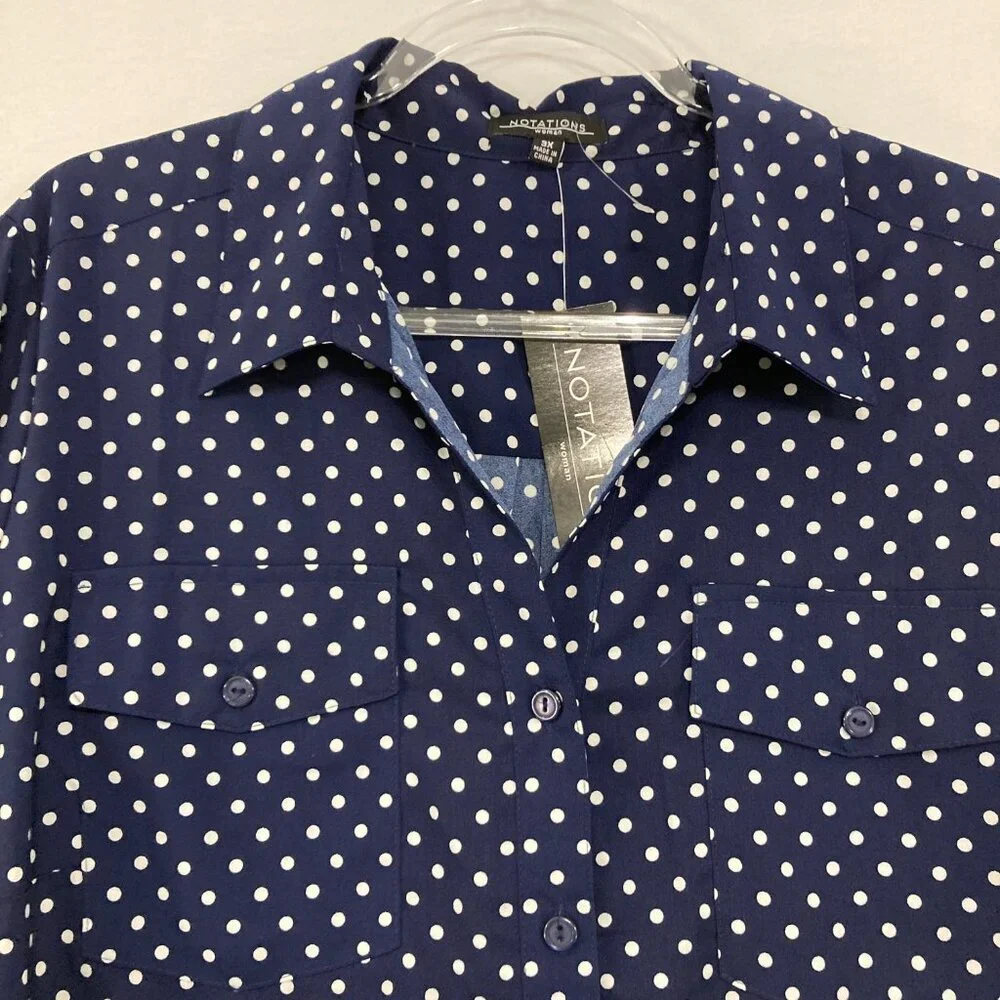 Notations Navy Blue Polka Dot, Lightweight, poly SOFT drape Shirt. Like NEW! - Picture 4 of 11